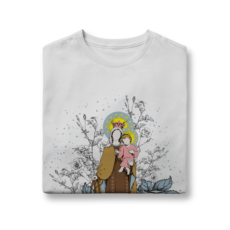 Camiseta infantil branca com estampa de Nossa Senhora do Carmo