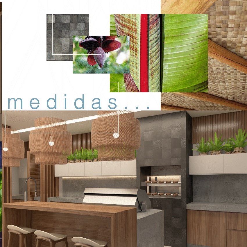 Cozinha e área gourmet integradas, com bancada de madeira e luminárias de palha
