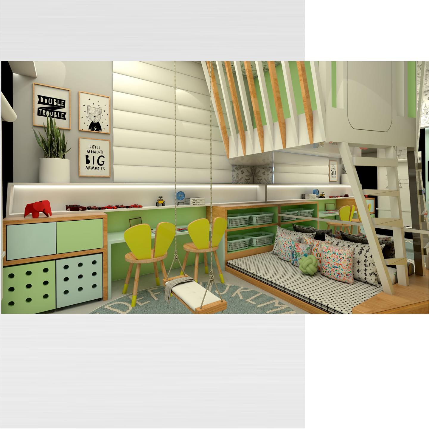 Quarto infantil lúdico com balanço, bancada verde e cabana